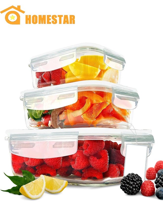 HOMESTAR 3 Pack Glass Kitchen Meal Prep Containers With Lasting Snap Locking Lids, Microwave/Oven/Freeze, Dishwasher Safe, Clear